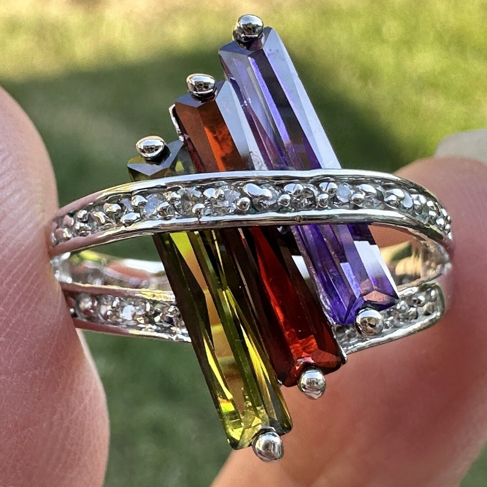 VTG Cocktail Ring Size 10 Amethyst Garnet Tourmaline Gems 925 Sterling 4.8g